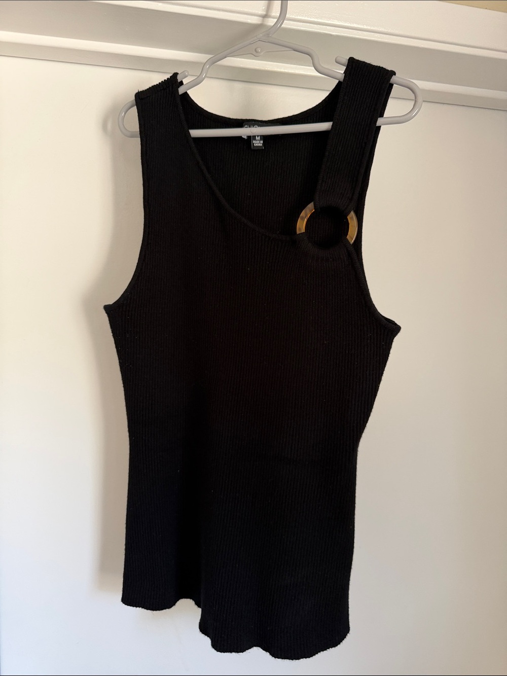 Fashion Nova Black Ribbed Tank with Gold Ring Detail